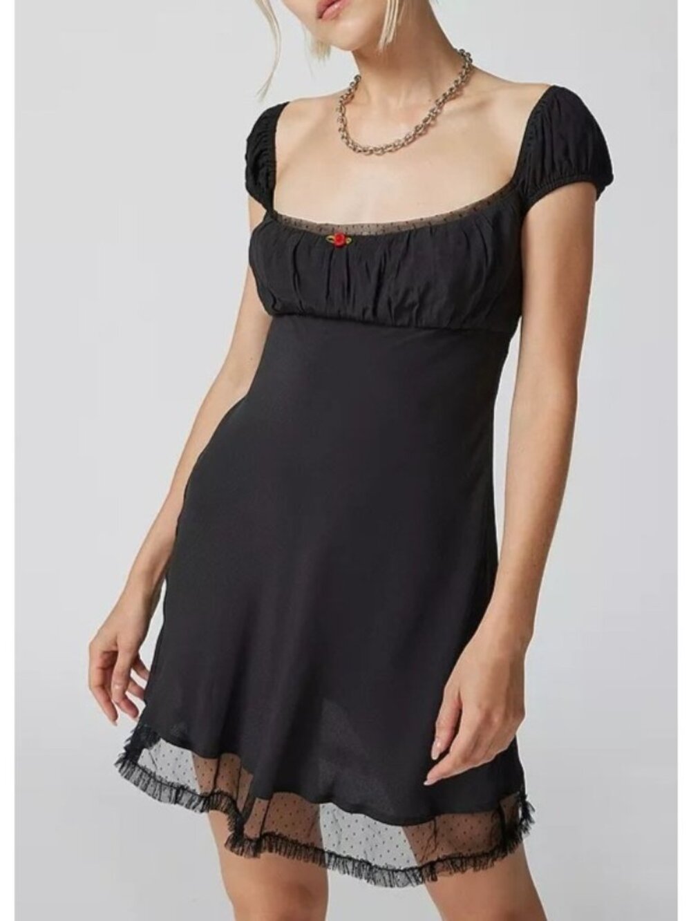 UO Kimchi Blue Ana Cap Sleeve Black Rayon Lace Hem Babydoll Mini Dress X-Large